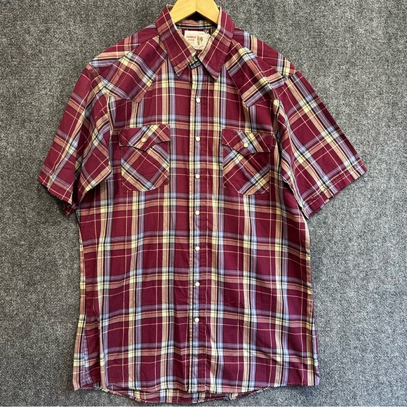 Vintage Saddle King LARGE TALL pearl snap men’s western shirt plaid burgundy - Picture 1 of 12